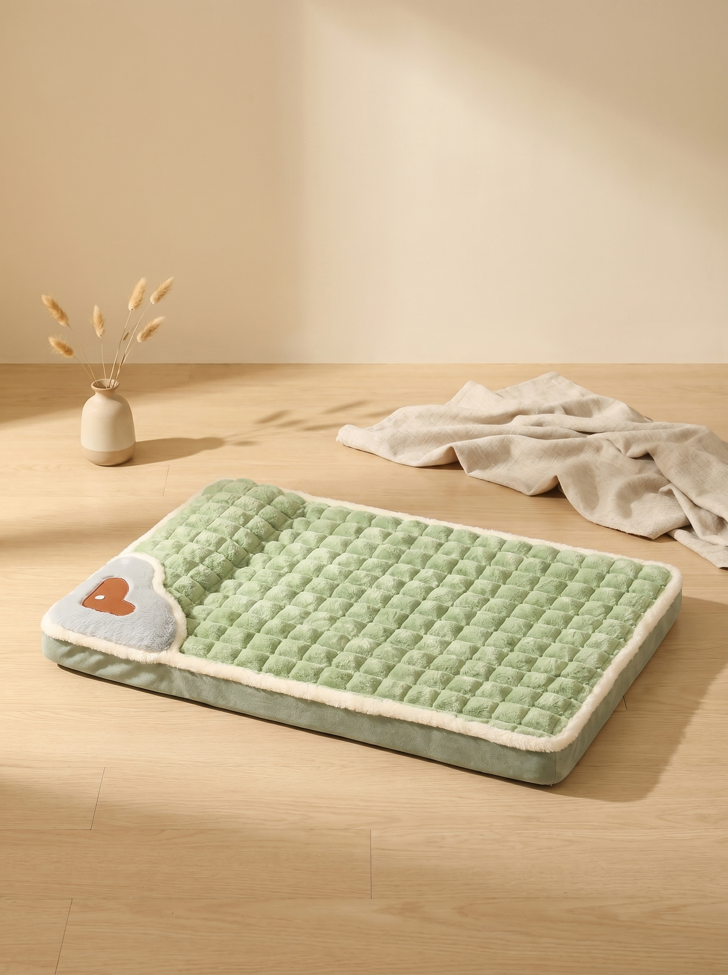 NOORYN sage-green quilted orthopaedic pet mat with heart patch, premium product photograph