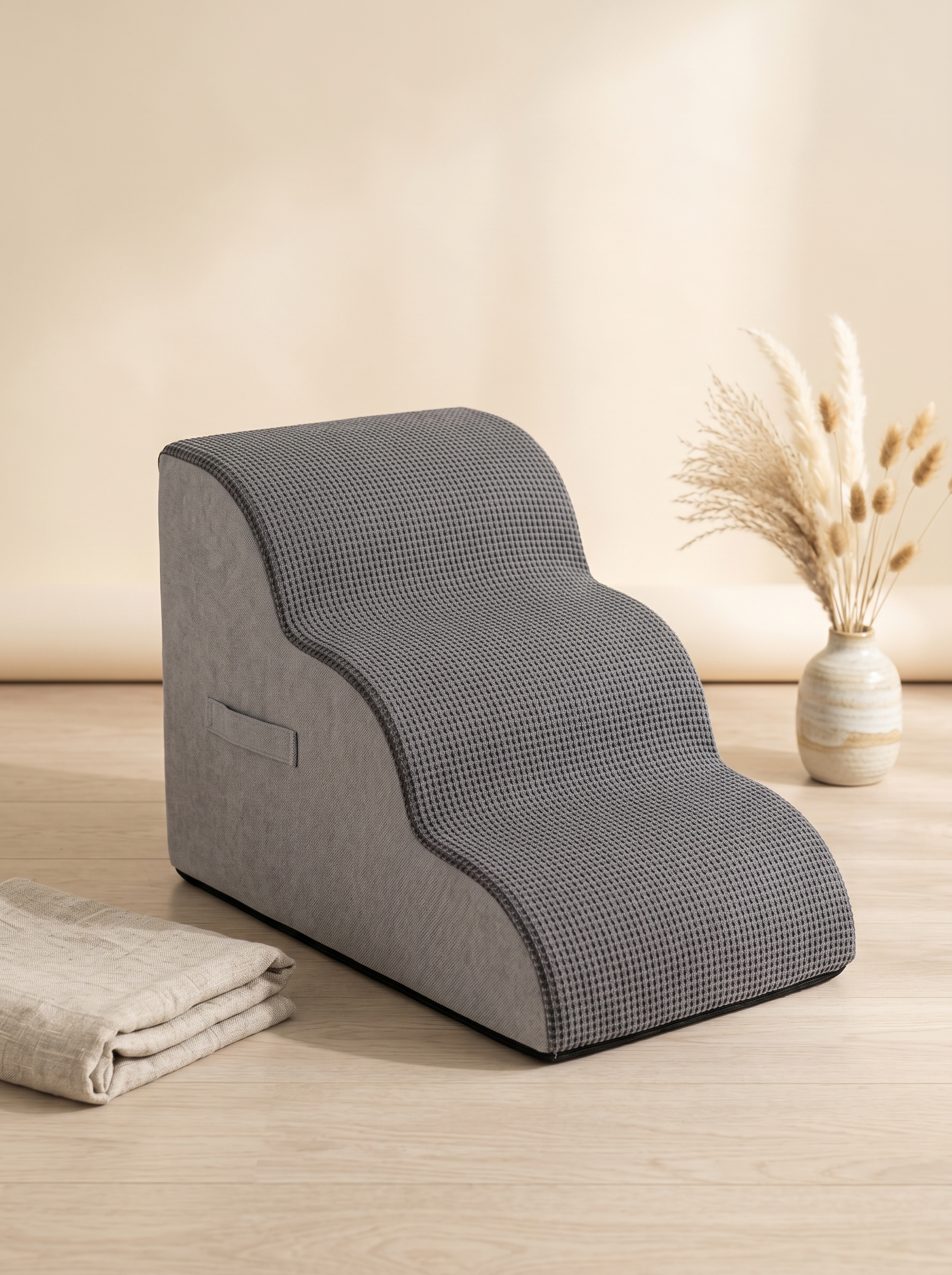 NOORYN grey foam pet stairs with side handle, premium product photograph