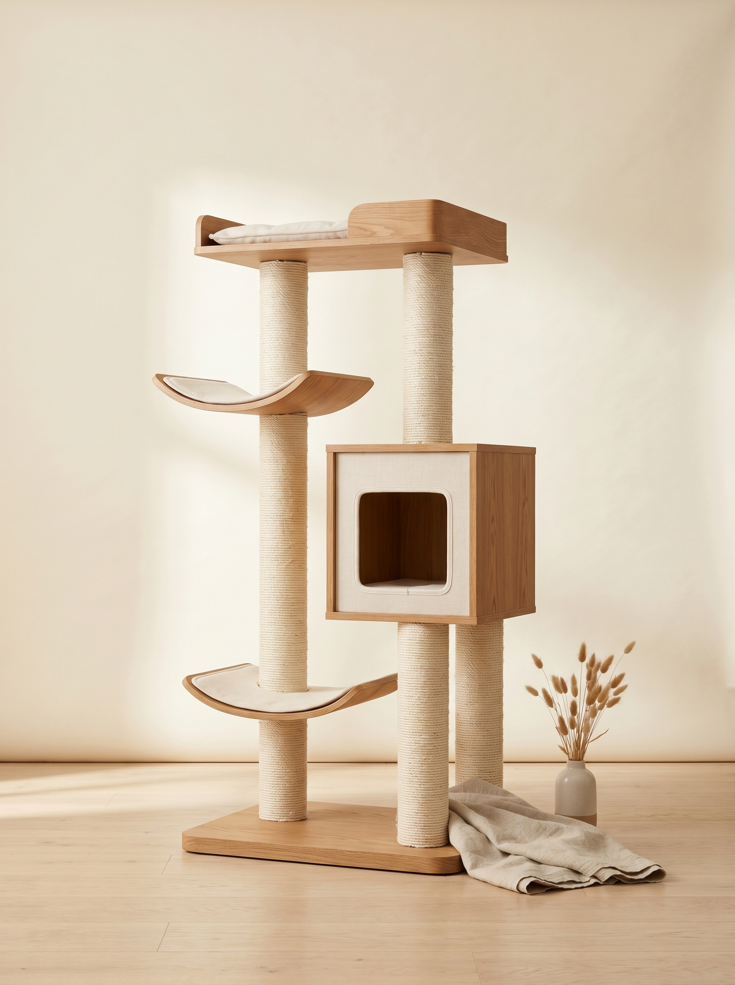The Tower — modern oak and sisal cat tower