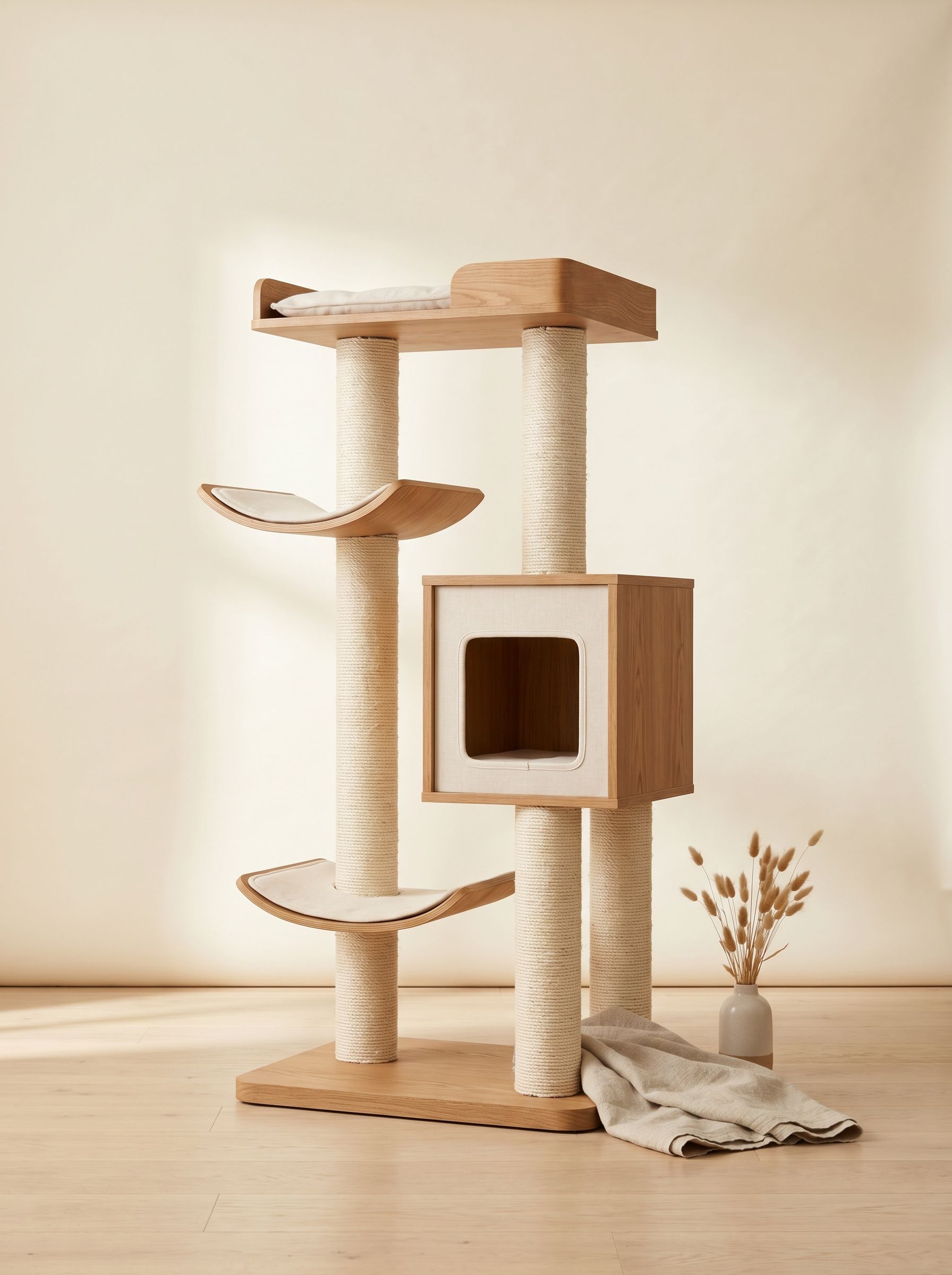 The Tower — modern oak and sisal cat tower