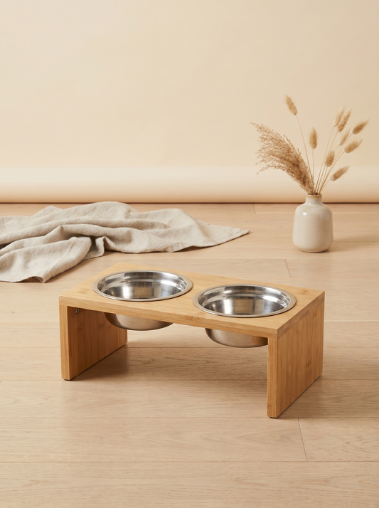 The Standing Bowl — elevated bamboo dog feeder with steel bowls