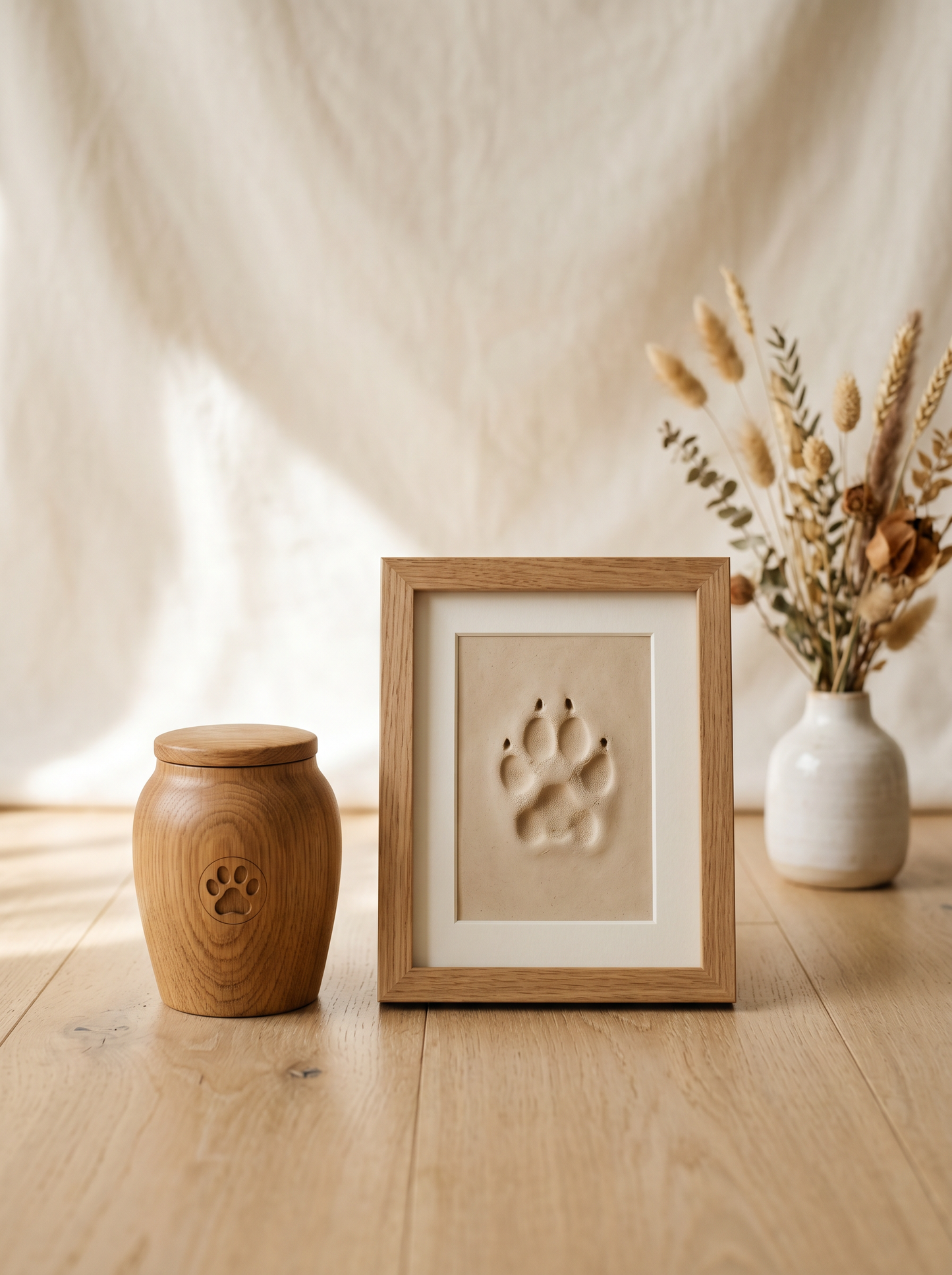Pet memorial urn and paw print keepsake